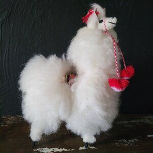 Vintage Alpaca Figure With Real Alpaca Fur White 9.75” tall, 7” long